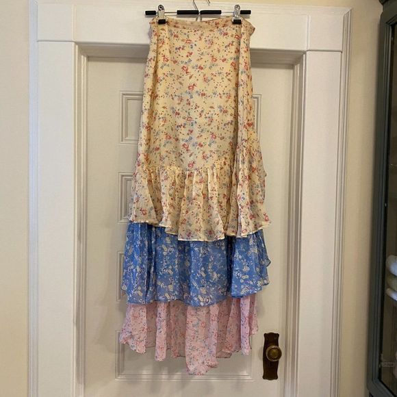 LoveShackFancy Lisette Asymmetric Silk Tiered Ruffle Maxi Skirt - Size 10 - Picture 7 of 14